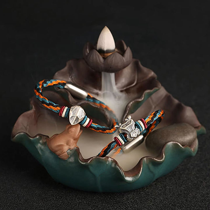 Buddha Stones Ręcznie robione 999 Srebro Sterling Rok Smoka Chiński Zodiaku Ochrona Kolorowa Reinkarnacja Węzeł Liny Bransoletka