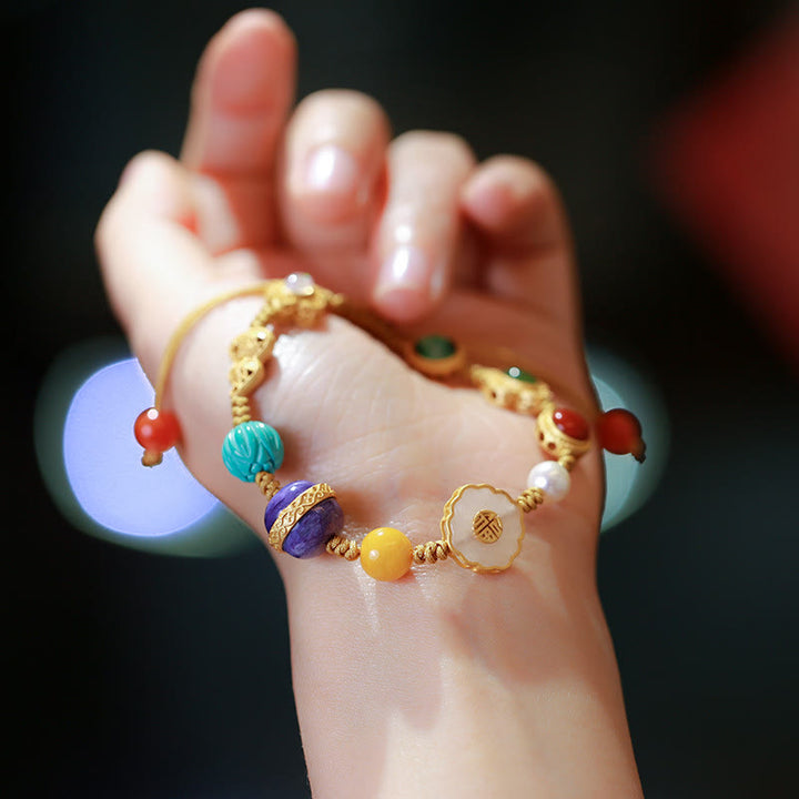 Bransoletka szczęścia z naturalnego srebra próby 925, jadeitu hetyjskiego, bursztynu i czerwonego agatu