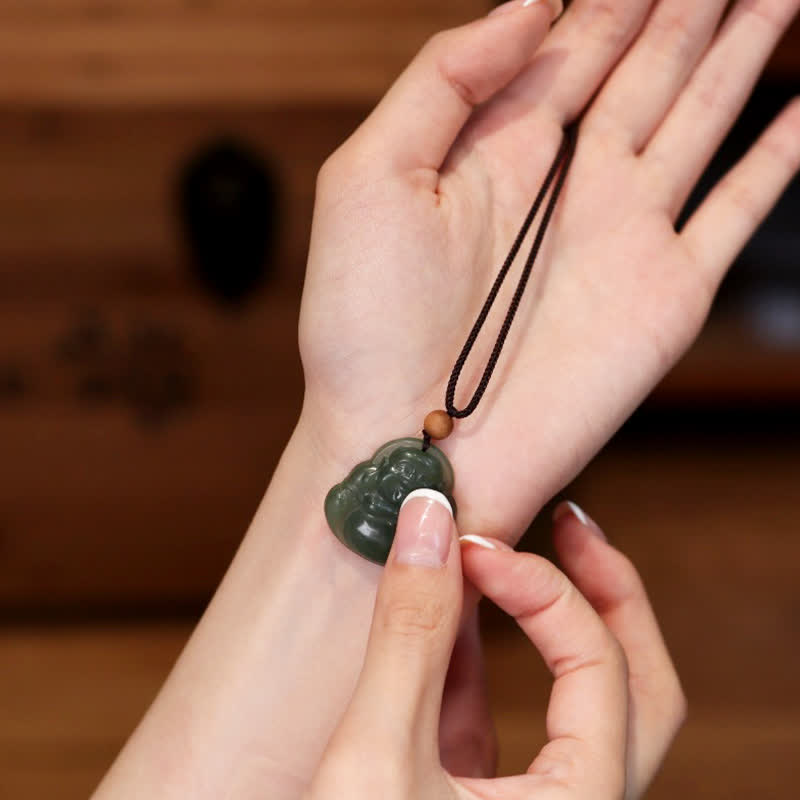 Śmiejący się Budda Hetian Jade Healing Calm Naszyjnik Wisiorek Sznurkowy - image 3