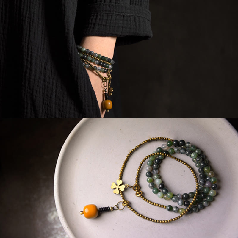 Bransoletka Buddha Stones Kamienie Agat Mchu Miedź Szczęście Wielowarstwowa