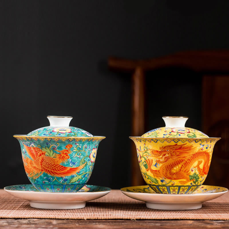 Buddha Stones Smok Feniks Kwiat Projekt Ceramiczny Gaiwan Sancai Filiżanka Kung Fu Filiżanka Do Herbaty I Spodek Z Pokrywką