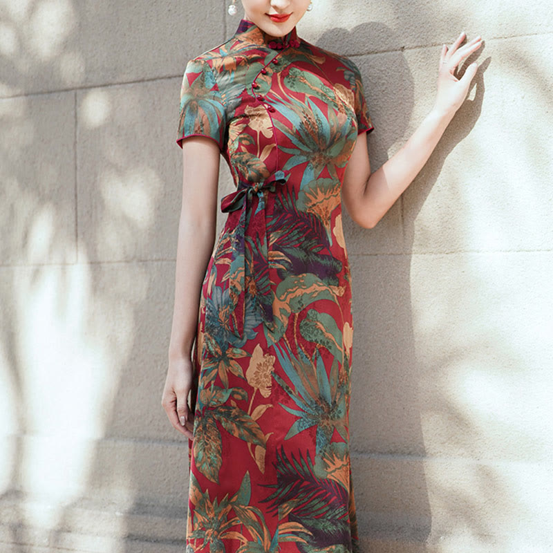 Suknia Qipao z Buddha Stones z jedwabiu w stylu retro z wzorem liści kwiatów i kwiatów, damska sukienka Cheongsam