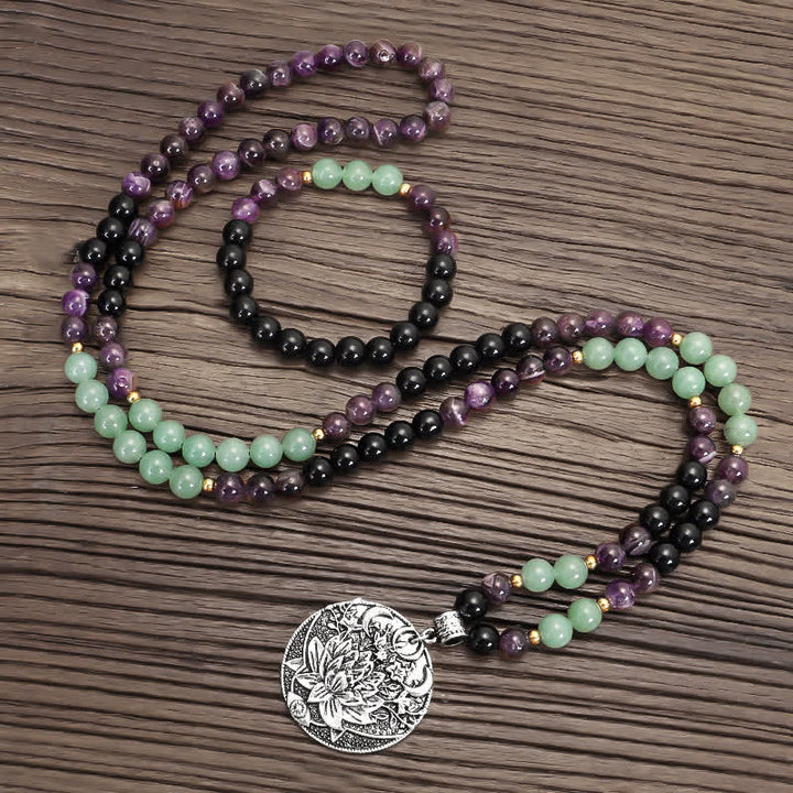 Buddha Stones 108 Mala Beads Ametyst Zielony Awenturyn Lotus Medytacyjna Bransoletka