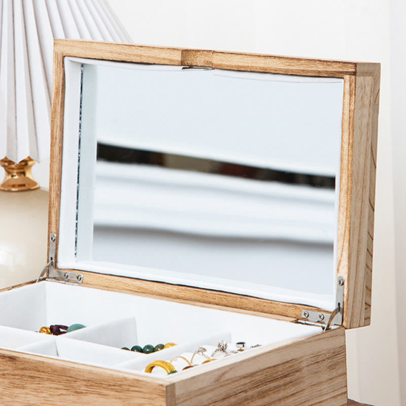 Buddha Stones Retro Beżowe Drewniane Pudełko Na Biżuterię Dwuwarstwowe Pudełko Do Przechowywania Biżuterii Z Lustrem - image 7