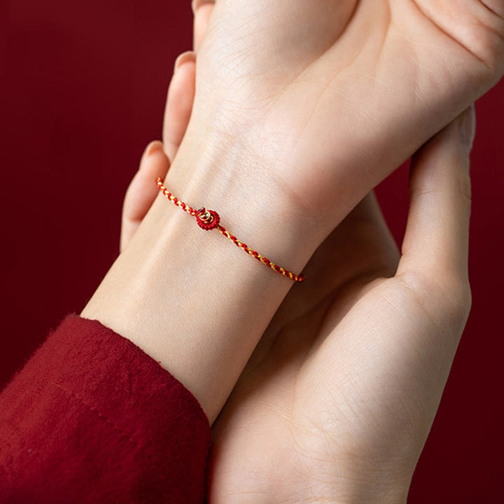 Buddha Stones 14K pozłacane ręcznie robiona bransoletka z czerwonego złota z węzłem King Kong i splotem szczęścia