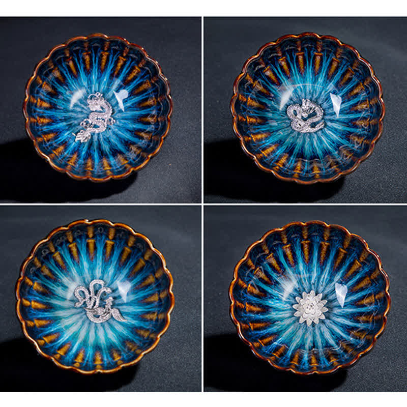 Buddha Stones Lotos Złota Rybka Pomyślny Smok Feniks Ceramiczny Filiżanka Do Herbaty Intarsjowane Filiżanki Do Herbaty 130ml