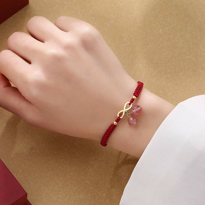 Buddha Stones , kryształ kwarcu truskawkowego, nieskończony węzeł, miłość, uzdrawiająca, czerwona bransoletka ze sznurka
