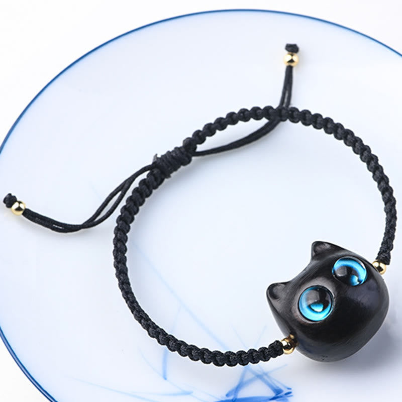 Buddha Stones Mały liść Czerwony sandałowiec Drewno hebanowe Słodka głowa kota Spokojna ochrona Bransoletka pleciona - image 13