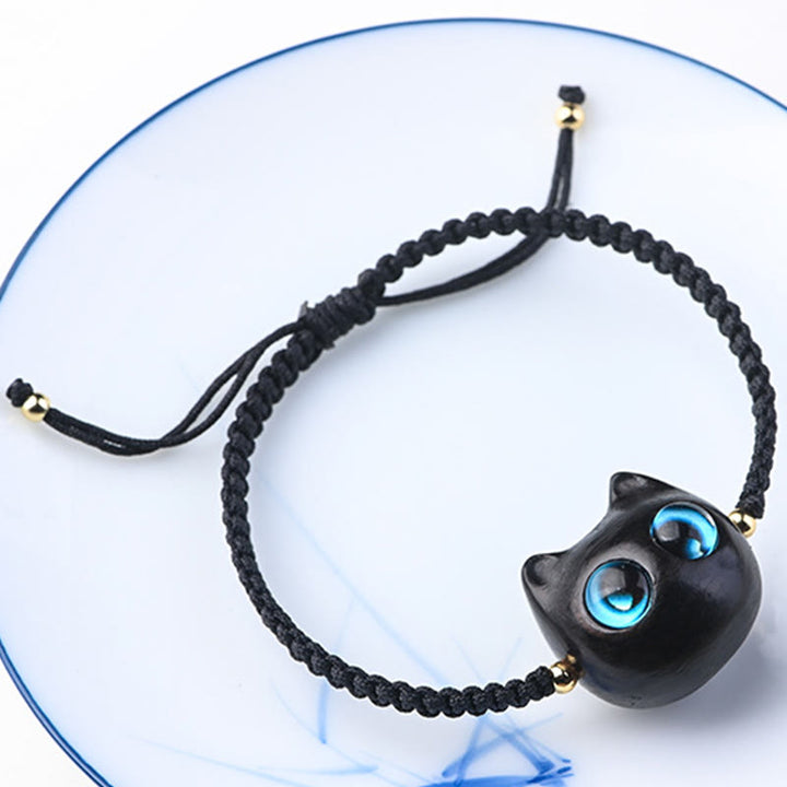 Buddha Stones Mały liść Czerwony sandałowiec Drewno hebanowe Słodka głowa kota Spokojna ochrona Bransoletka pleciona - image 13