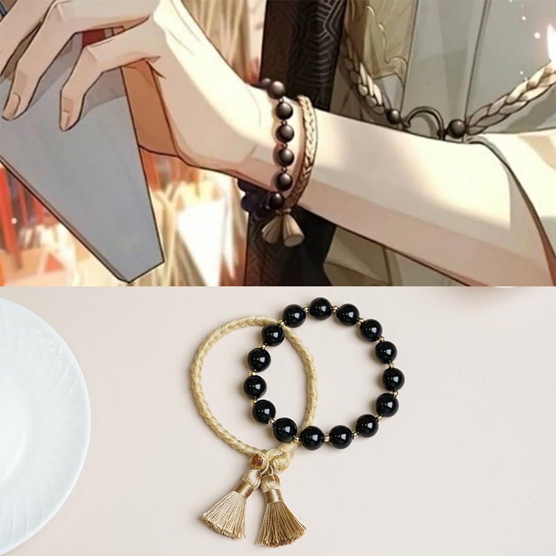 Buddha Stones 2 szt. Czarny Onyks Koraliki Wsparcie Ochrona Bransoletka Sznurkowa