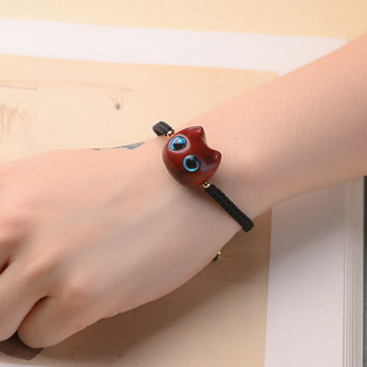 Buddha Stones Mały liść Czerwony sandałowiec Drewno hebanowe Słodka głowa kota Spokojna ochrona Bransoletka pleciona - image 6