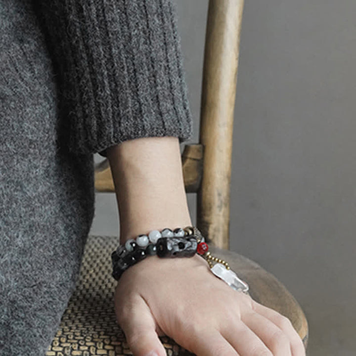 Bransoletka dla pary z czarnego kwarcu rutylowego, drewna hebanowego i białego kryształu