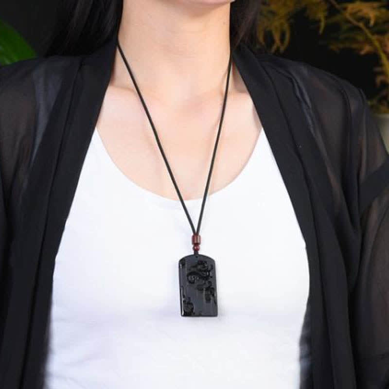 Czarny obsydianowy naszyjnik ze smokiem i feniksem, wisiorek sukcesu - image 3