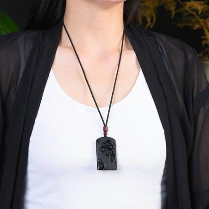 Czarny obsydianowy naszyjnik ze smokiem i feniksem, wisiorek sukcesu - image 3