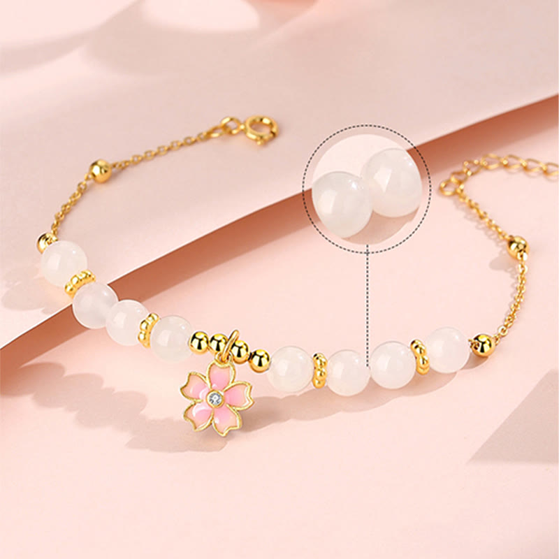 Bransoletka ochronna Buddha Stones 925 Sterling Silver Hetian White Jade Cherry Blossom