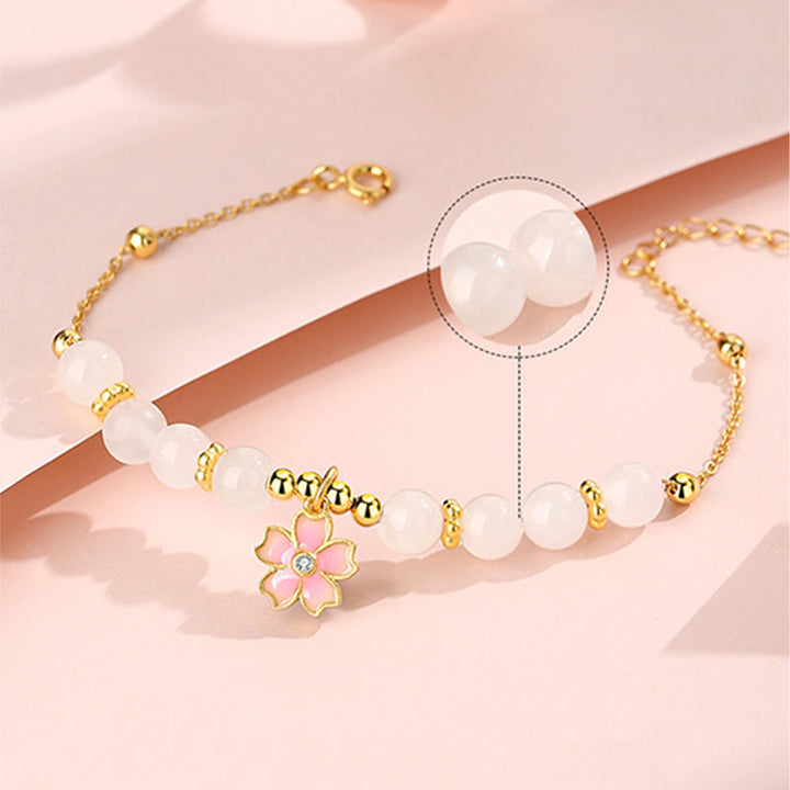 Bransoletka ochronna Buddha Stones 925 Sterling Silver Hetian White Jade Cherry Blossom