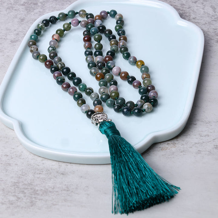 Buddha Stones 108 koralików Mala Bransoletka oczyszczająca z indyjskiego agatu Głowa Buddy