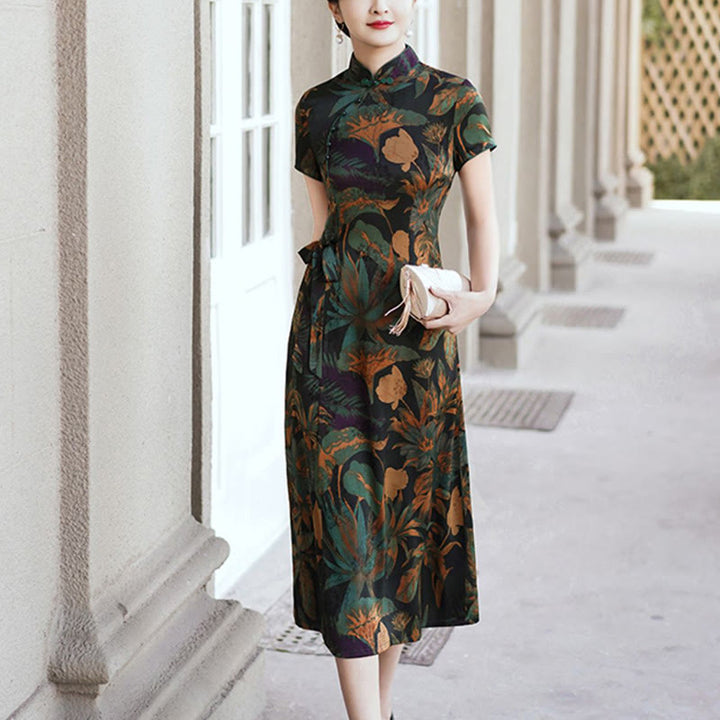 Suknia Qipao z Buddha Stones z jedwabiu w stylu retro z wzorem liści kwiatów i kwiatów, damska sukienka Cheongsam