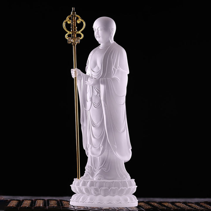 Buddha Stones ręcznie robione Ksitigarbha Bodhisattwa figurka Liuli kryształowe dzieło sztuki posąg spokoju dekoracja domu