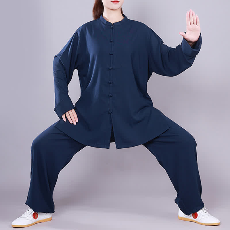 Buddha Stones Tai Chi Qigong Medytacja Modlitwa Duchowa Praktyka Zen Unisex Bawełniany Lniany Zestaw Ubrań - Granatowy - Długi rękaw - US14, UK/AU18, EU46 (3XL)  - image 22