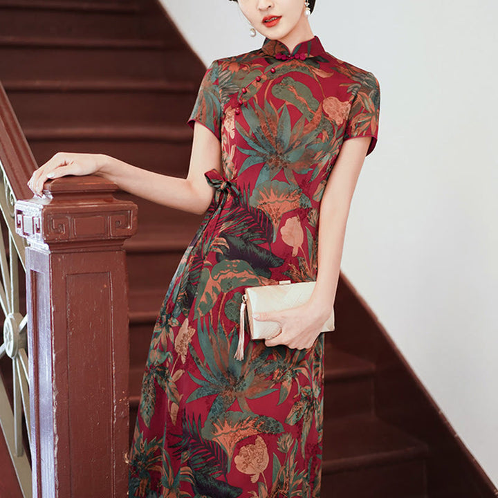 Suknia Qipao z Buddha Stones z jedwabiu w stylu retro z wzorem liści kwiatów i kwiatów, damska sukienka Cheongsam