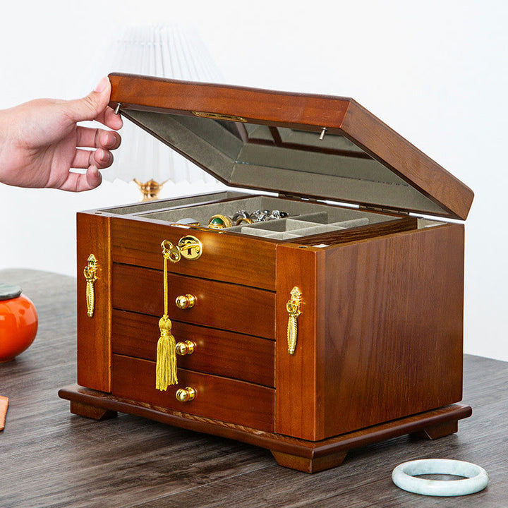 Buddha Stones Vintage Duża Pojemność Drewniane Pudełko na Biżuterię Pudełko Do Przechowywania Biżuterii Z Lustrem