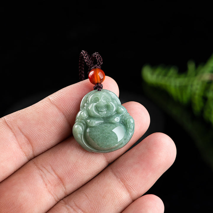 Buddha Stones Śmiejący się Budda Cyjan Jade Naszyjnik Sukcesu Wisiorek Sznurkowy - image 7