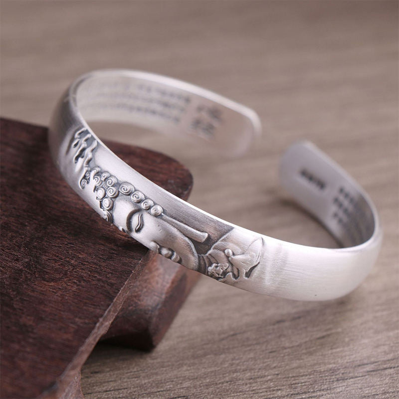 Buddha Stones 999 Srebro Sterling Głowa Buddy Serce Sutra Bransoletka Spokój