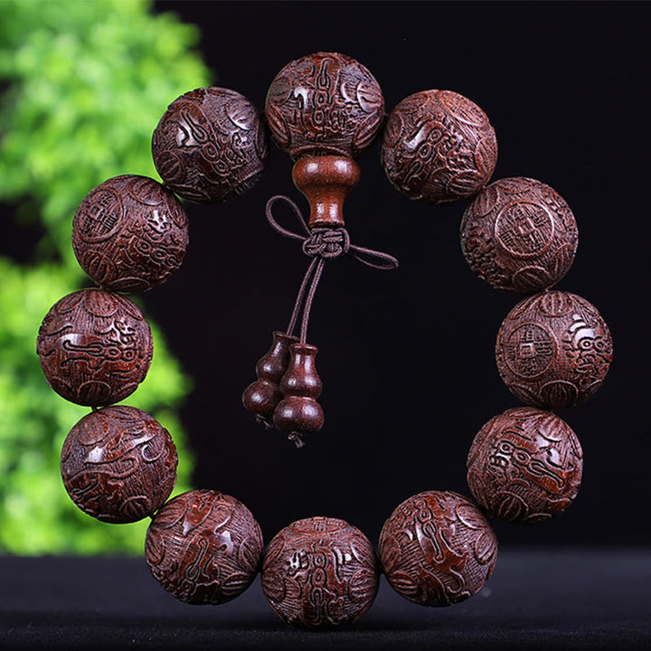Buddha Stones Chiński Zodiak Palisander Ebony Miedź Moneta PiXiu Rzeźbiona Bransoletka Ciepło