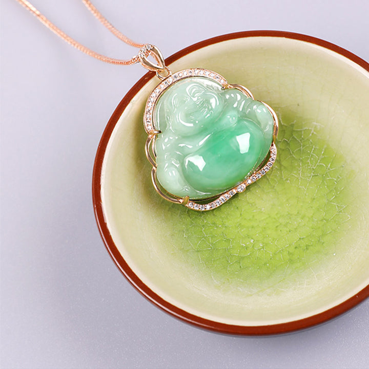 925 Srebrny naszyjnik z naturalnym jadeitem i śmiejącym się Buddą, łańcuszek z wisiorkiem - image 8