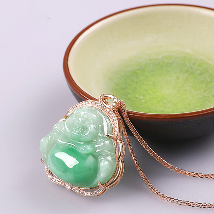 925 Srebrny naszyjnik z naturalnym jadeitem i śmiejącym się Buddą, łańcuszek z wisiorkiem - image 6