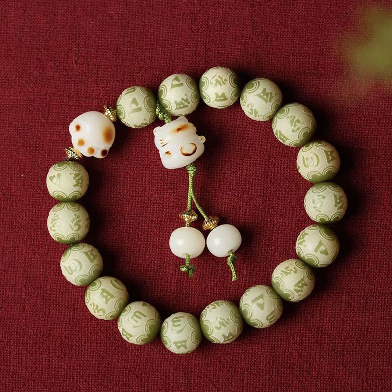 Buddha Stones Zielone Nasiona Bodhi Łapa Kota Om Mani Padme Hum Grawerowana Bransoletka Mądrości - image 3