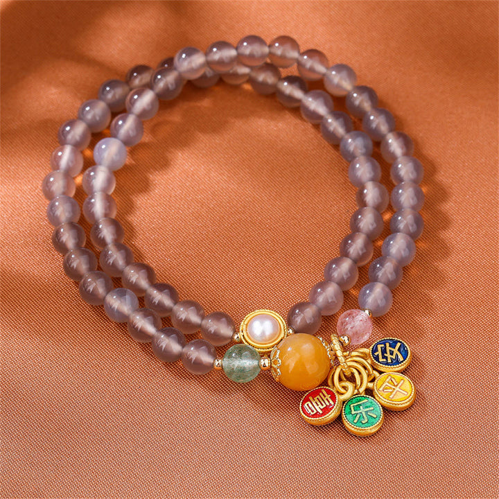 Bransoletka Buddha Stones Natural Grey Agat Peace And Joy Charm Balance Double Wrap