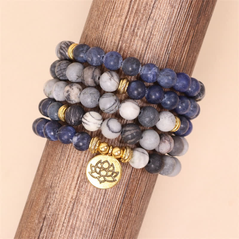 Buddha Stones 108 Mala Beads Sodalit Zebra Jasper Kryształ Lotus Strength Bransoletka