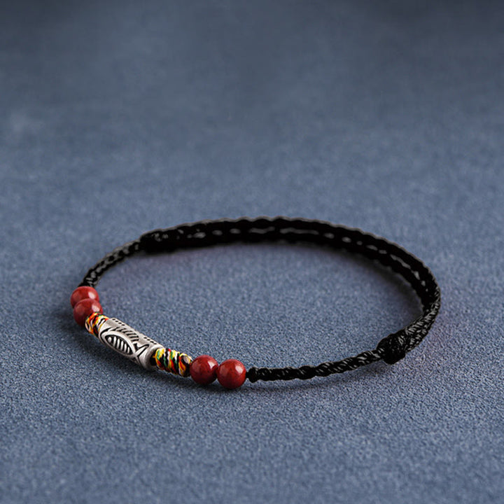 Buddha Stones 925 Srebro Sterling Ryba Koi Koralik Cynober Bogactwo Ręcznie Robiona Bransoletka Pleciona Bransoletka na Nogę