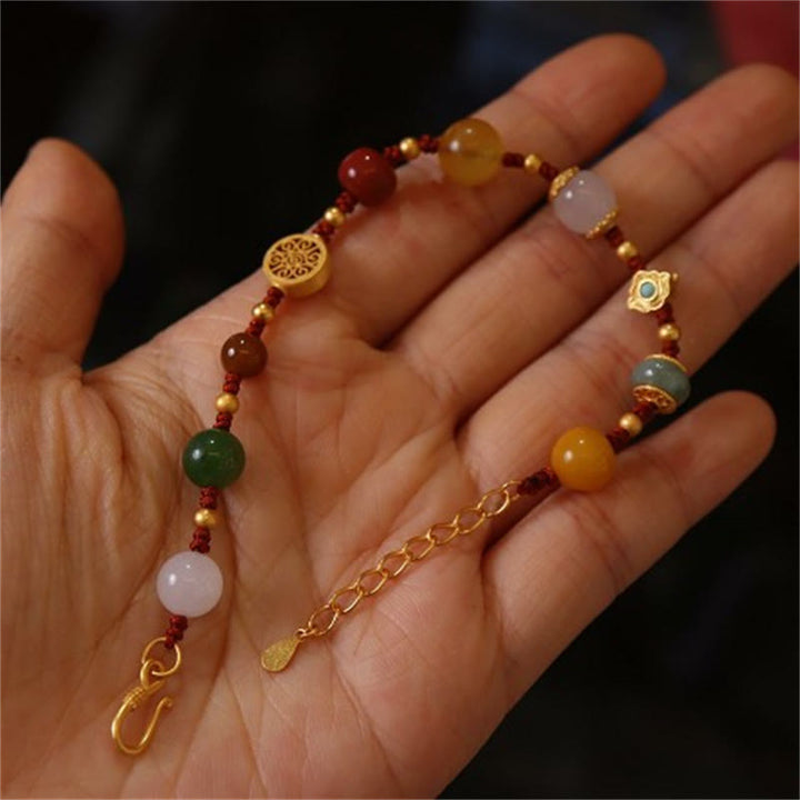 Bransoletka szczęścia z naturalnego srebra próby 925, jadeitu hetyjskiego, bursztynu i czerwonego agatu