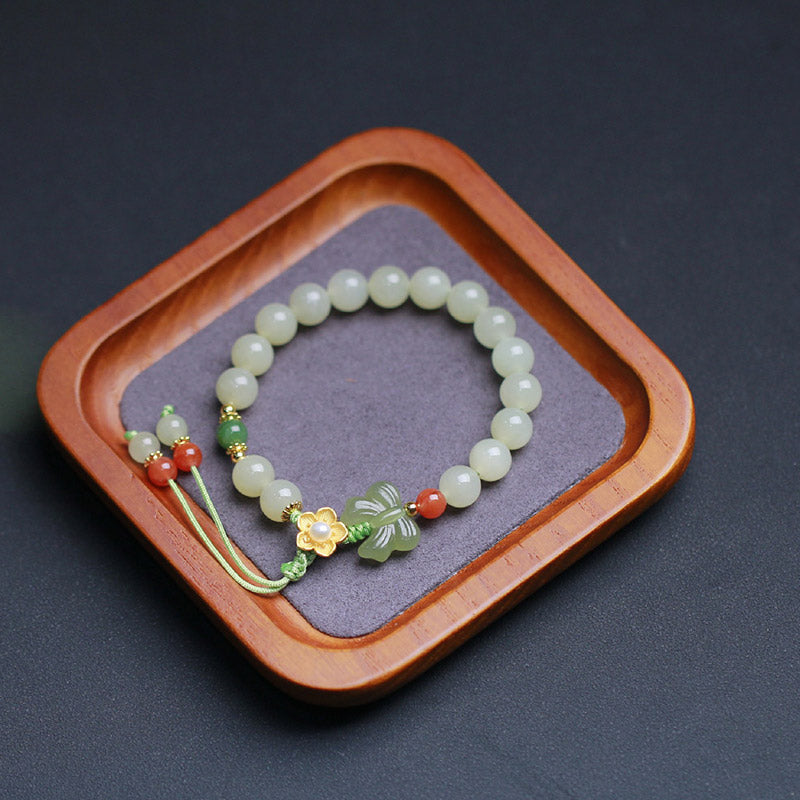 Bransoletka z Buddha Stones 925 ze srebra próby 925 z kwiatem szczęścia i motylem