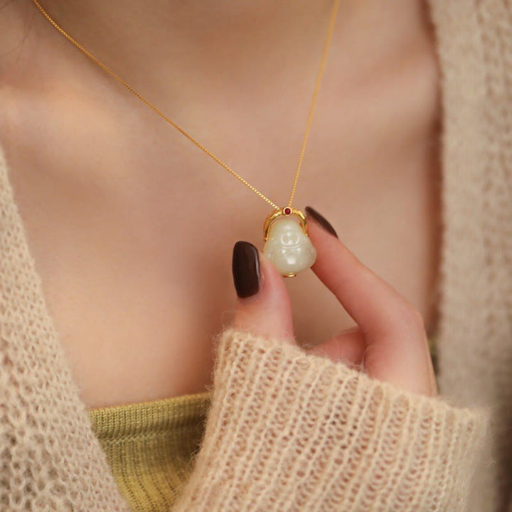 Buddha Stones 925 Srebro Sterling Naturalny Hetian Jade Śmiejący się Budda Obfitość Naszyjnik Łańcuch Wisiorek