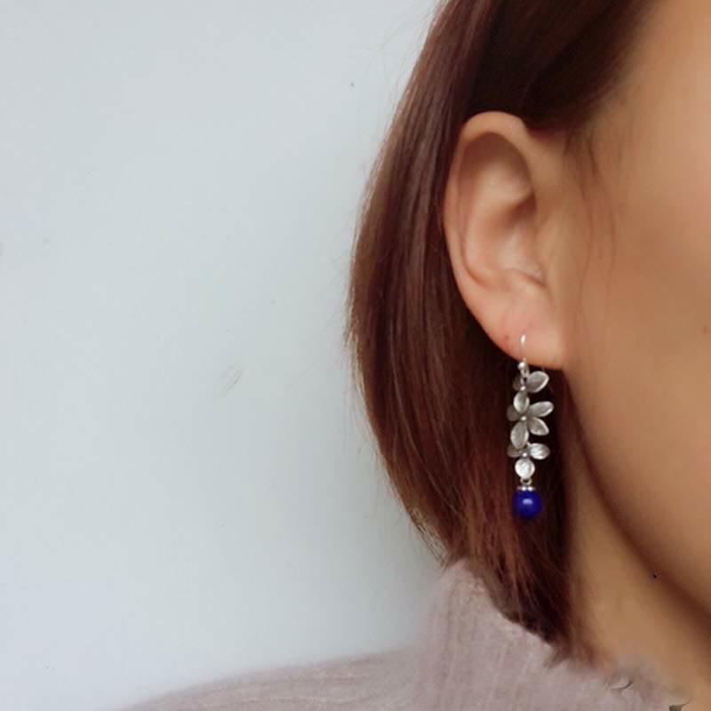 Kolczyki Buddha Stones 925 Srebro Sterling Turkus Lazuryt Kwiat Liść Ochrona Serenity Hook Drop Dangle