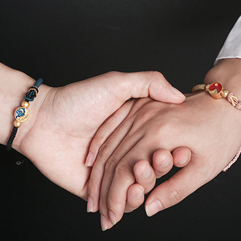 Bransoletka dla pary z ręcznie robionych Buddha Stones z motywem gór i morza, z wygrawerowanym szczęściem, dwukolorowa