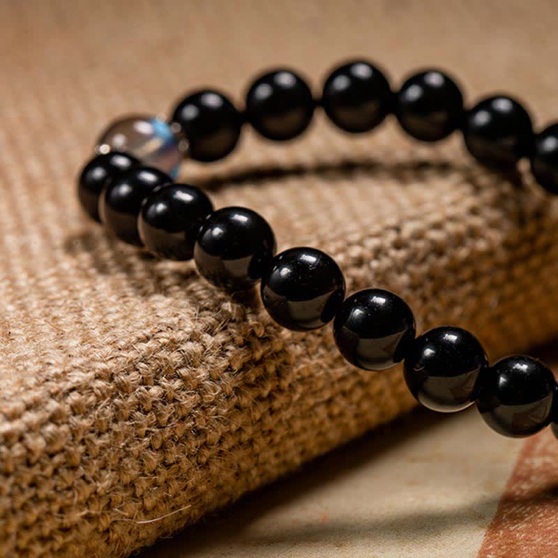 Chiński zodiak Natal Buddha 925 Srebro Sterling Czarny Obsydian Moonstone Bransoletka Siła