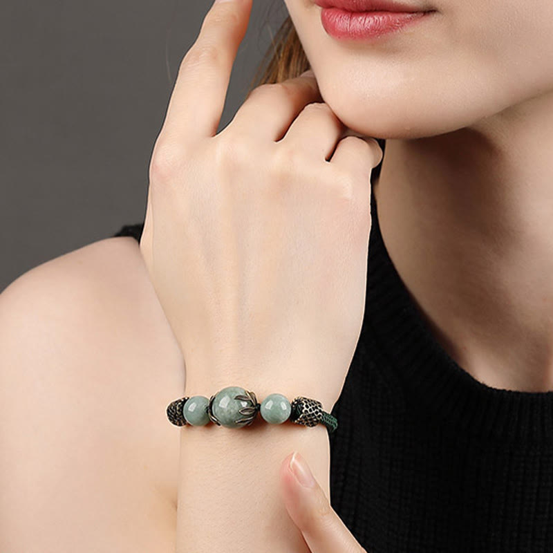 Buddha Stones Ręcznie Robione Zielone Sznurki Szczęście Jade Koraliki Bransoletka Dobrobytu