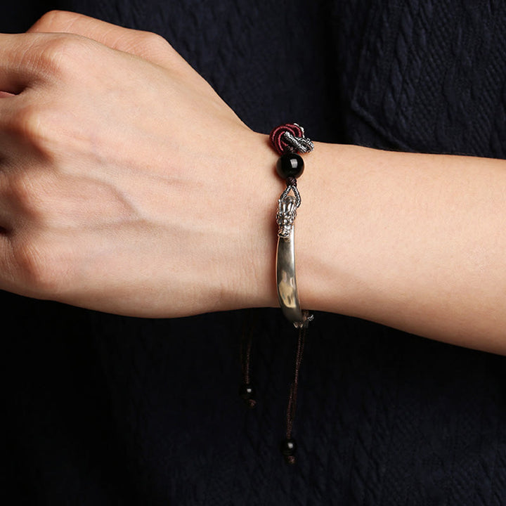 Buddha Stones 925 Srebro Sterlingowe Pomyślny Smok Sukces Ręcznie Robiona Bransoletka Pleciona