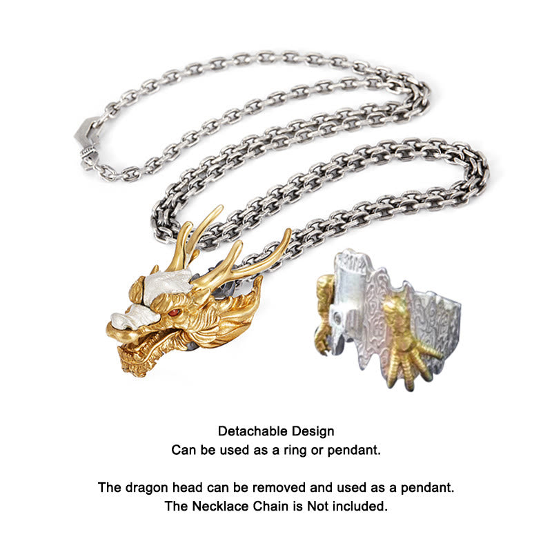 Buddha Stones 925 Srebro Sterling Smok Szczęście Sukces Ochrona Regulowany Pierścień Wisiorek