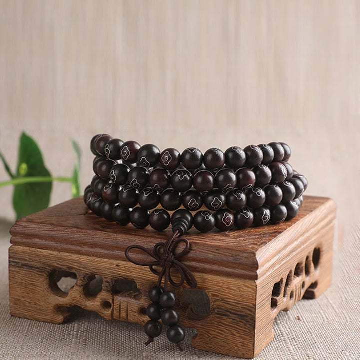 Buddha Stones 925 Srebro Inkrustowane Małymi Liśćmi Czerwonego Sandału Om Mani Padme Hum Charakter Pomyślne Chmury Bransoletka Ochronna