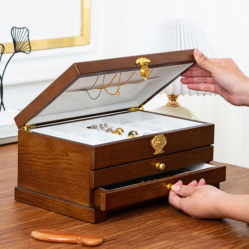 Drewniane pudełko na biżuterię w stylu retro z Buddha Stones, trójwarstwowe pudełko do przechowywania biżuterii