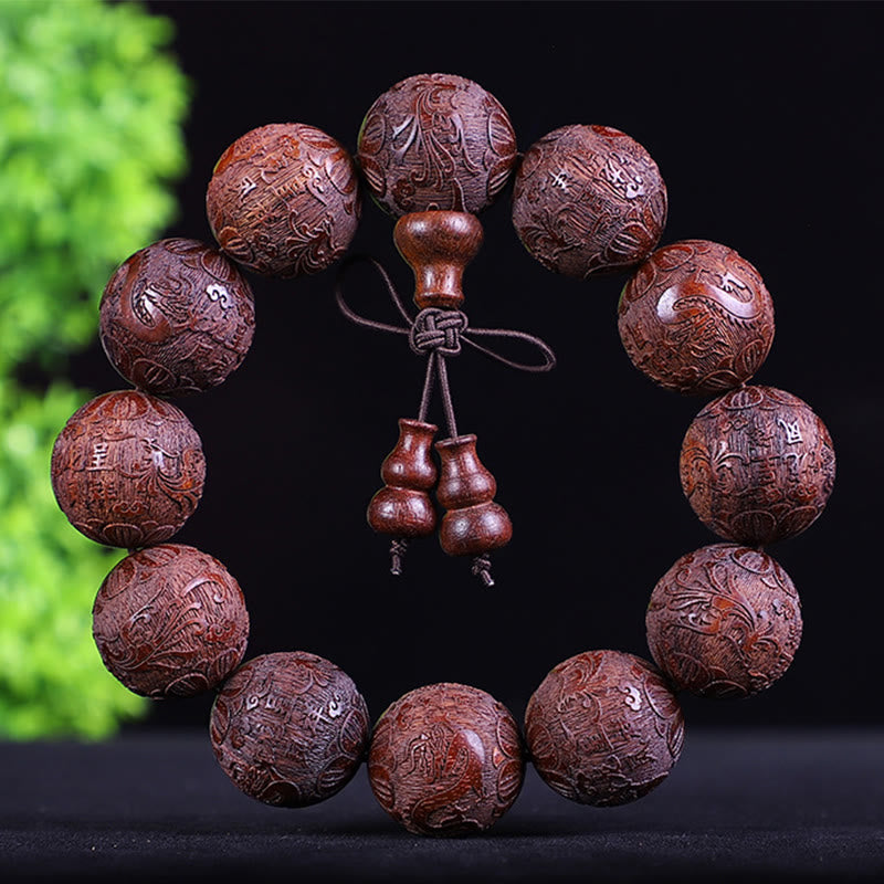 Buddha Stones Chiński Zodiak Palisander Ebony Miedź Moneta PiXiu Rzeźbiona Bransoletka Ciepło