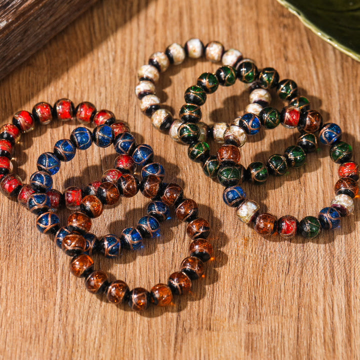 Buddha Stones Tybetańskie Klasyczne Liuli Szklane Koraliki Szczęście Bogactwo Bransoletka