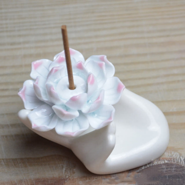 Buddha Stones Małe Ceramiczne Dłonie Lotosu Uzdrawiająca Medytacja Kadzielnica Dekoracja