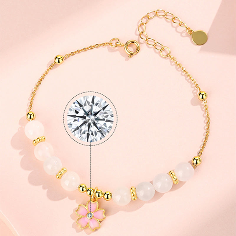 Bransoletka ochronna Buddha Stones 925 Sterling Silver Hetian White Jade Cherry Blossom